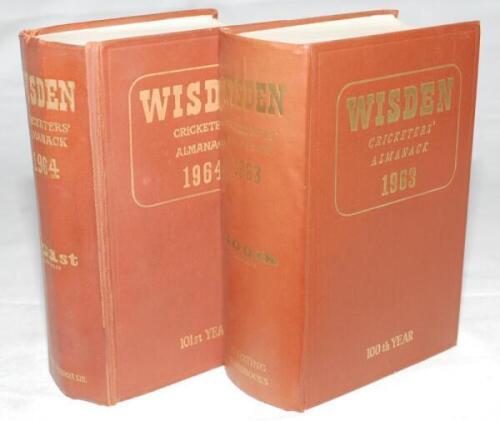 Wisden Cricketers' Almanack 1963 and 1964. Original hardback editions. Minor wrinkling to the spine paper of the 1963 edition otherwise in good/very good condition, the 1964 with breaking to the front internal hinges and broken rear internal hinges otherw