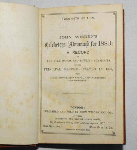 Wisden Cricketers' Almanack 1883. 20th edition. Bound in light brown boards lacking original wrappers, first page and advertising pages, with gilt titles to spine. Minor soiling and slight foxing internally otherwise in good condition - cricket