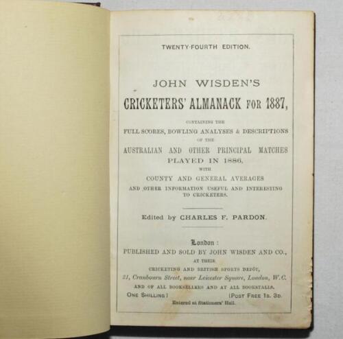 Wisden Cricketers' Almanack 1887. 24th edition. Bound in dark brown boards lacking original wrappers, first page and advertising pages, with gilt titles to spine, red speckled page edges. Good/very good condition - cricket