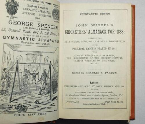 Wisden Cricketers' Almanack 1888. 25th edition. Bound in light brown boards with original rear wrapper, lacking front wrapper, with gilt titles to spine. Minor nick and small corner loss to rear wrapper otherwise in good/very good condition - cricket