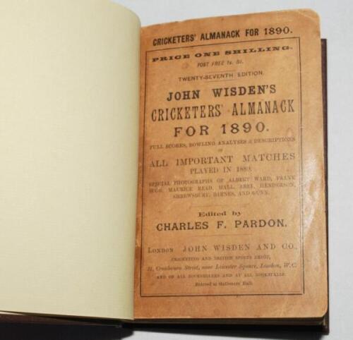 Wisden Cricketers' Almanack 1890. 27th edition. Bound in dark brown boards with original paper wrappers, with gilt titles to spine. Some minor wear and age toning to wrappers otherwise in good/very good condition - cricket