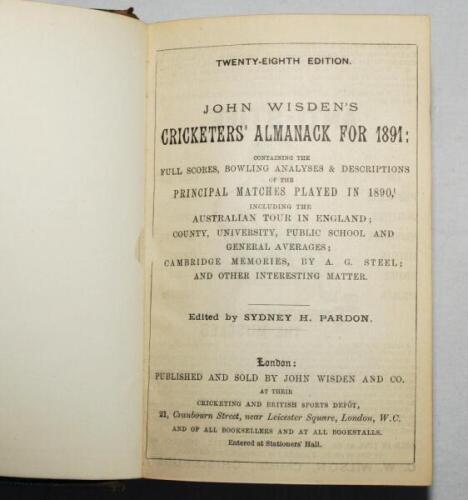 Wisden Cricketers' Almanack 1891 and 1892. 28th &amp; 29th editions. Two editions bound together in blue and brown half leather boards, both editions lacking original paper wrappers, first page and advertising pages, with gilt titles to spine, red speckle