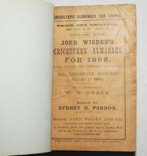 Wisden Cricketers' Almanack 1896. 33rd edition. Bound in green boards with original paper wrappers, with gilt titles to spine. Some wear and age toning to wrappers, crease to front wrapper, small tear to rear wrapper, some wear with small loss to the edge