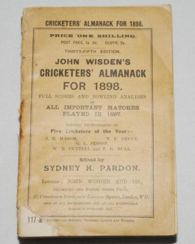 Wisden Cricketers' Almanack 1898. 35th edition. Original paper wrappers. Loss to corner of front wrapper, front wrapper detached, some wear to rear wrapper, broken page block, wear and loss to spine paper, internally in good condition - cricket