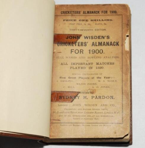 Wisden Cricketers' Almanack 1900 and 1901. 37th &amp; 38th editions. Both editions bound in dark brown boards, both with original front paper wrapper, lacking rear wrappers. The front wrappers to both editions have old horizontal tape marks, wear, soiling