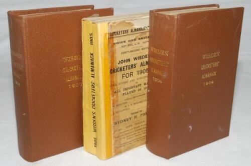 Wisden Cricketers' Almanack 1904, 1905 and 1906. 41st, 42nd and 43rd editions. All three editions with faults, the 1904 and 1906 editions bound in dark brown boards both with poor front paper wrappers, the wrappers with old horizontal tape and loss, both 