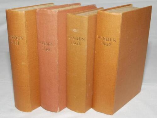 Wisden Cricketers' Almanack 1907, 1908, 1910 and 1911. 44th, 45th, 47th and 48th editions. All four editions bound in light brown boards, the 1907 edition with original rear wrapper, lacking front wrapper and lacking the first three advertising pages, the