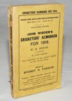 Wisden Cricketers' Almanack 1916. 53rd edition. Original paper wrappers. Some staining to rear wrapper, minor wear with small loss to the head and base of the spine paper otherwise in good/very good condition. Rare war-time edition - cricket