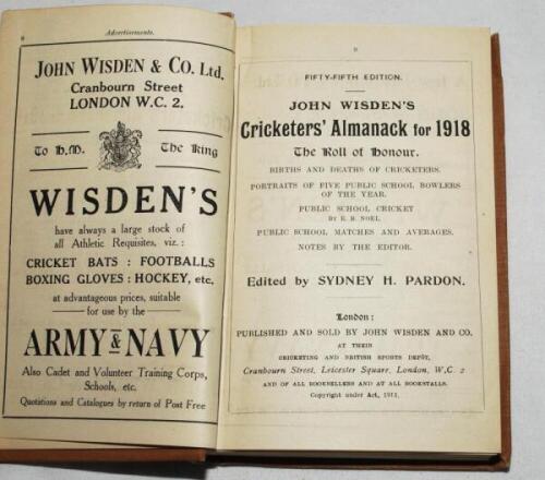 Wisden Cricketers' Almanack 1918. 55th edition. Bound in light brown boards, with original rear paper wrapper only, lacking front wrapper, with gilt titles to front board and spine. Breaking to front and rear internal hinges, staining and soiling to rear 