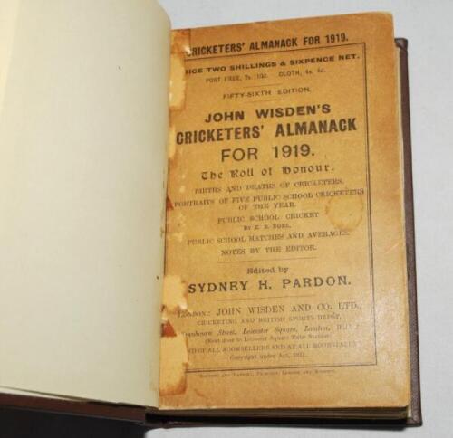 Wisden Cricketers' Almanack 1919. 56th edition. Bound in dark brown boards, with original wrappers, titles in gilt to spine. Some wear and age toning to wrappers with evidence of old tape marks to edges, some with small inset repair, some wear to page edg