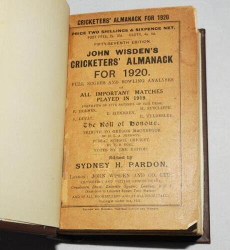 Wisden Cricketers' Almanack 1920 and 1921. 57th &amp; 58th editions. The editions bound in dark and light brown boards, with original wrappers, titles in gilt to spine. The 1921 edition with broken front internal hinges otherwise in good condition. Qty 2 