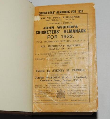 Wisden Cricketers' Almanack 1922 and 1924. 59th &amp; 61st editions. The editions bound in dark brown boards, with original wrappers, titles in gilt to spine. Both editions with odd faults to wrappers otherwise in good condition. Qty 2 - cricket