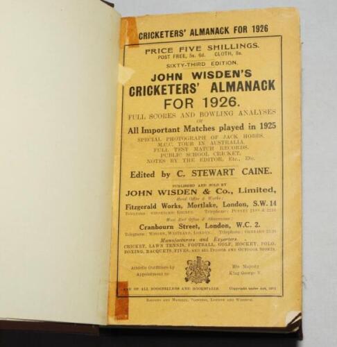 Wisden Cricketers' Almanack 1926 and 1927. 63rd &amp; 64th editions. The editions bound in dark brown boards, with original wrappers, titles in gilt to spine. Both editions with odd faults to wrappers otherwise in good condition. Qty 2 - cricket