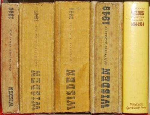 Wisden Cricketers' Almanack 1946, 1947, 1948 and 1949. Original limp cloth covers. Mixed condition, the 1946 edition with some slight wear and soiling to spine, the 1947 with worn covers, breaking to front internal hinges, the 1948 edition in poor conditi