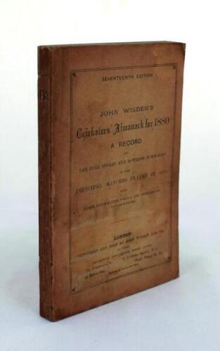 Wisden Cricketers' Almanack 1880. 17th edition. Original paper wrappers. Some wear, minor staining and age toning to wrappers, some loss to printed address to lower part of the front wrapper otherwise in good/very good condition - cricket