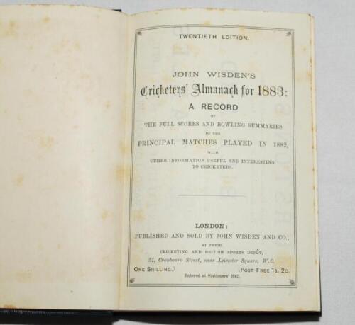 Wisden Cricketers' Almanack 1883. 20th edition. Bound in dark blue boards, lacking original paper wrappers, with titles in gilt to spine. Lacking first and rear advertising pages, some spotting to page block edge, some minor staining and foxing to inside 