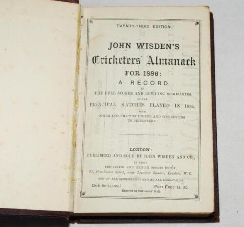 Wisden Cricketers' Almanack 1886. 23rd edition. Bound in maroon boards, lacking original paper wrappers, with titles in gilt to spine, red speckled page edges. Lacking first and rear advertising pages, some bumping to board corners, minor soiling and spot