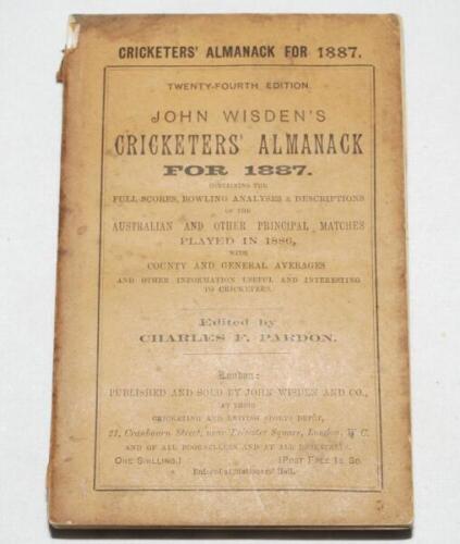 Wisden Cricketers' Almanack 1887. 24th edition. Original paper wrappers. Some age toning to wrappers and darkening to spine paper, slight loss to head and base of spine paper, minor soiling to page block otherwise in good/very good condition - cricket