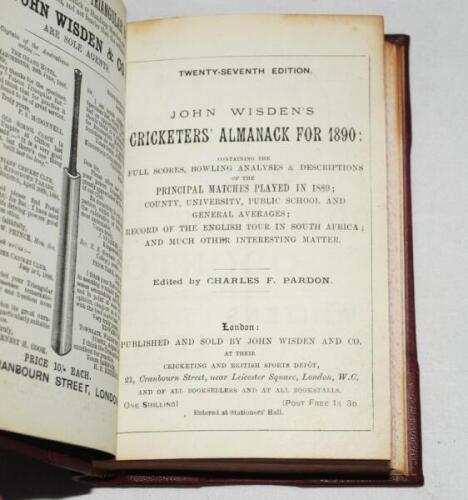 Wisden Cricketers' Almanack 1890. 27th edition. Bound in maroon half leather boards, lacking original paper wrappers, with titles in gilt to spine, red speckled page edges. Lacking rear wrapper and rear advertising pages, handwritten name and address to f