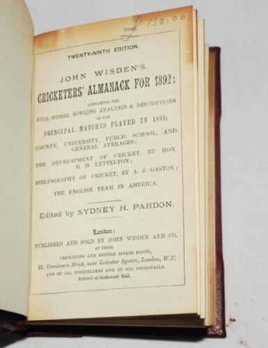 Wisden Cricketers' Almanack 1892. 29th edition. Bound in maroon half leather boards, lacking original paper wrappers, with titles in gilt to spine, red speckled page edges. Lacking first advertising page otherwise in good/very good condition - cricket