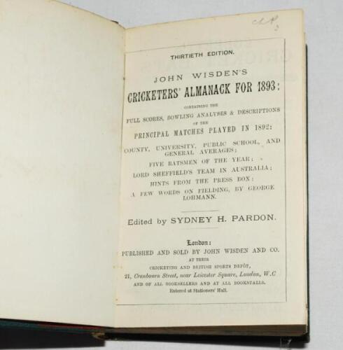 Wisden Cricketers' Almanack 1893. 30th edition. Bound in green quarter leather boards, lacking original paper wrappers, with titles in gilt to spine, marbled page edges. Lacking first and rear advertising pages otherwise in good/very good condition - cric