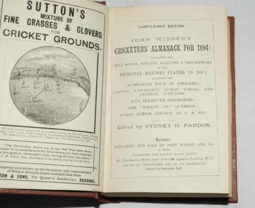 Wisden Cricketers' Almanack 1894. 31st edition. Bound in light brown boards, lacking original front paper wrapper, with titles in gilt to spine, marbled page edges, with original rear wrapper. Good/very good condition - cricket