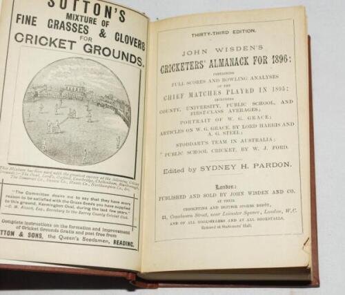 Wisden Cricketers' Almanack 1896. 33rd edition. Bound in light brown boards, lacking original front paper wrapper, with titles in gilt to spine, marbled page edges, with original rear wrapper. Some wear to the edges of the first three pages, date handwrit