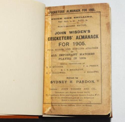 Wisden Cricketers' Almanack 1905 and 1906. 42nd &amp; 43rd editions. Both bound in light brown boards, with original paper wrappers, with titles in gilt to spine. The 1905 edition has darkening, staining and some wear to the wrappers, the bookplate photog