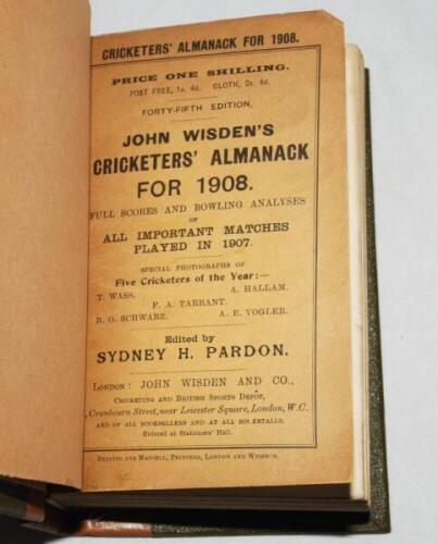 Wisden Cricketers' Almanack 1908 and 1909. 45th &amp; 46th editions. Both editions bound in green and brown quarter leather boards, with original paper wrappers, with titles in gilt to spine. The 1908 edition with minor wear to both wrappers, small corner