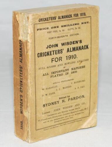 Wisden Cricketers' Almanack 1910. 47th edition. Original paper wrappers. Bump to the bottom corner of the book, some soiling and age toning to wrappers and spine, some loss to the spine paper otherwise in generally good condition - cricket