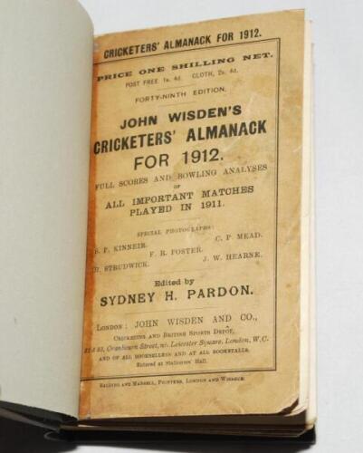 Wisden Cricketers' Almanack 1912 and 1913. 49th &amp; 50th editions. The first edition bound in grey boards and the latter in red board, with original paper wrappers, with gilt titles to spine. Both editions with some wear to the wrappers otherwise in goo