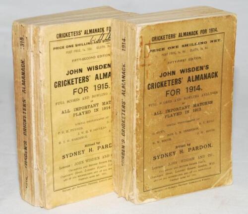 Wisden Cricketers' Almanack 1914 and 1915. 51st &amp; 52nd editions. Original paper wrappers. Both editions with soiled, aged toned and worn wrappers, the latter to a lesser extent. The 1914 edition with wear and small loss to the spine paper, slight weak