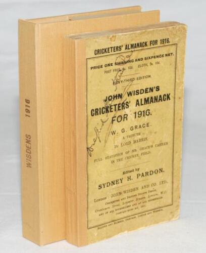 Wisden Cricketers' Almanack 1916. 53rd edition. Front original paper wrapper, replacement yellow card rear wrapper. Replacement spine, some soiling to front wrapper, signature of ownership to the front wrapper and the back of the last advertising page oth