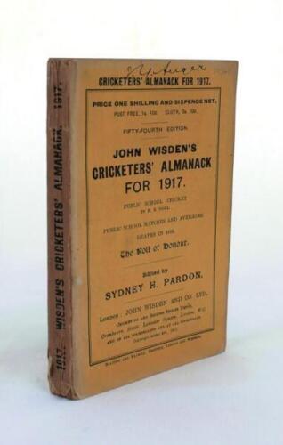 Wisden Cricketers' Almanack 1917. 54th edition. Original paper wrappers. Handwritten signature of ownership to top border of the front wrapper, some light fading to the spine paper, minor loss to base of spine paper otherwise in good/very good condition. 