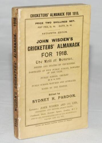 Wisden Cricketers' Almanack 1918. 55th edition. Original paper wrappers. Some age toning to the spine paper, minor loss to the head of the spine paper otherwise in very good condition. Rare war-time edition - cricket