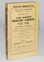 Wisden Cricketers' Almanack 1918. 55th edition. Original paper wrappers. Some age toning to the spine paper, minor loss to the head of the spine paper otherwise in very good condition. Rare war-time edition - cricket