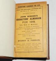 Wisden Cricketers' Almanack 1919. 56th edition. Bound in dark brown boards, original paper wrappers, titles in gilt to spine. Some browning to pages otherwise in good/very good condition. Rare war-time edition - cricket