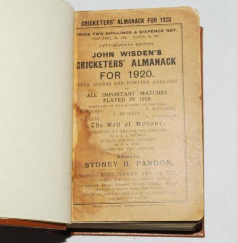 Wisden Cricketers' Almanack 1920. 57th edition. Bound in light brown boards, original paper wrappers, titles in gilt to spine. Some staining to wrappers, nick to edge of front wrapper otherwise in good condition - cricket