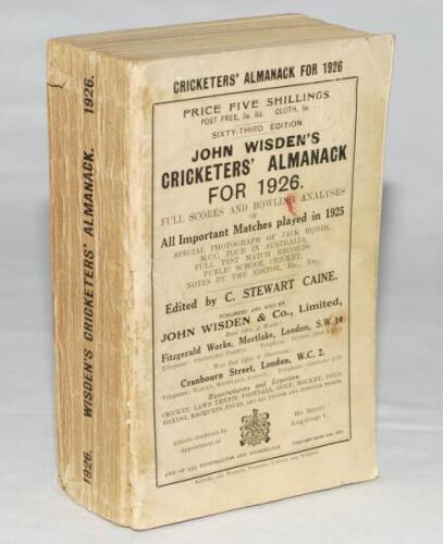 Wisden Cricketers' Almanack 1926. 63rd edition. Original paper wrappers. Light fading and soiling to wrappers, some wear to wrapper edge where it meets the spine, some wear to spine paper, spine block slightly breaking otherwise in good condition - cricke