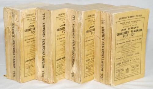 Wisden Cricketers' Almanack 1931, 1932, 1933 and 1934. 68th, 69th, 70th &amp; 71st editions. Original paper wrappers. The 1931 edition with broken spine block, splitting and loss to spine paper otherwise in good condition, the 1932 edition with breaking t