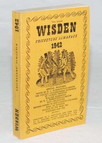 Wisden Cricketers' Almanack 1942. 79th edition. Original limp cloth covers. Only 4100 paper copies printed in this war year. Very good/excellent condition. Rare war-time edition - cricket