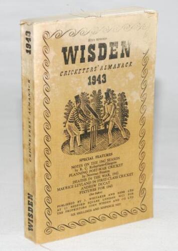 Wisden Cricketers' Almanack 1943. 80th edition. Original limp cloth covers. Only 5600 copies printed in this war year. Staining to the top of the book to front and rear covers and the spine, internally in good condition - cricket