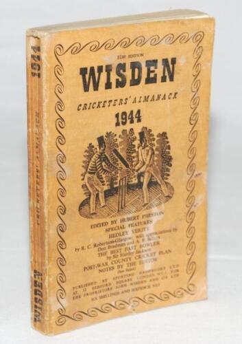 Wisden Cricketers' Almanack 1944. 81st edition. Original limp cloth covers. Only 5600 paper copies printed in this war year. Staining, soiling and wear to covers and spine, some soiling and wear to first few and last few pages of the book otherwise in ge