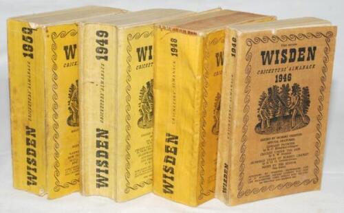 Wisden Cricketers' Almanack 1946, 1948, 1949 and 1950. Original limp cloth covers. The 1946 edition with small tear to the top of the front cover, discolouration to both covers and spine, the 1948 edition with broken spine block, browning to pages, soilin