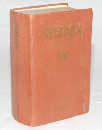 Wisden Cricketers' Almanack 1947. Original hardback. Light crease to spine paper, dulled gilt titles to front board and spine, browning to pages, breaking to internal hinges to front and rear otherwise in generally good condition - cricket