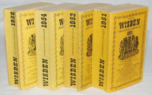 Wisden Cricketers' Almanack 1951, 1952, 1954 and 1956. Original limp cloth covers. The 1951 edition with warped covers, odd faults otherwise in good condition, the 1952, 1954 and 1956 editions with bowing to spine to a greater or lesser degree otherwise i