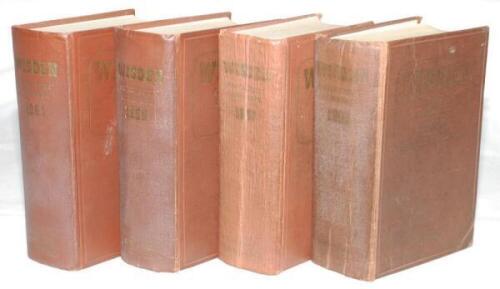 Wisden Cricketers' Almanack 1955, 1957, 1959 and 1961. Original hardback editions. Mixed condition, all four editions with dulling or dulled gilt titles to boards and spine. The 1955 and 1957 editions with wear, soiling and staining to boards, bumping to 