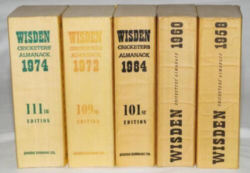 Wisden Cricketers' Almanack 1958, 1960, 1964, 1972 and 1974. Original limp cloth covers. Some light fading to the spine of the 1972 edition, odd minor faults otherwise in good/very good condition. Qty 5 - cricket