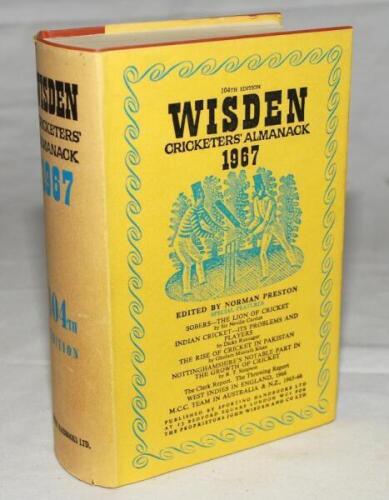 Wisden Cricketers' Almanack 1967. Original hardback with dustwrapper. Some minor age toning to the dustwrapper spine otherwise in good/very good condition - cricket