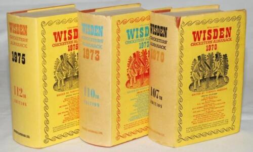 Wisden Cricketers' Almanack 1970, 1973 and 1975. Original hardback editions with dustwrapper. Some age toning to the dustwrapper spines of the 1970 and 1975 editions, wear and small tear to the head of the 1970 dustwrapper, numbers handwritten to the top 